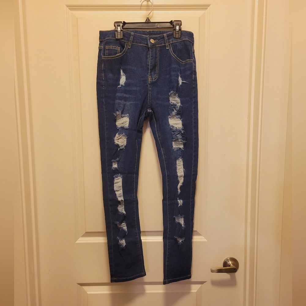 Dark Blue High Stretch Ripped Skinny Jeans